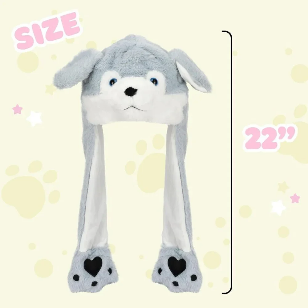 Kids Husky Animal Hat with Ears Moving Jumping Pop Up Beating Plush Holiday